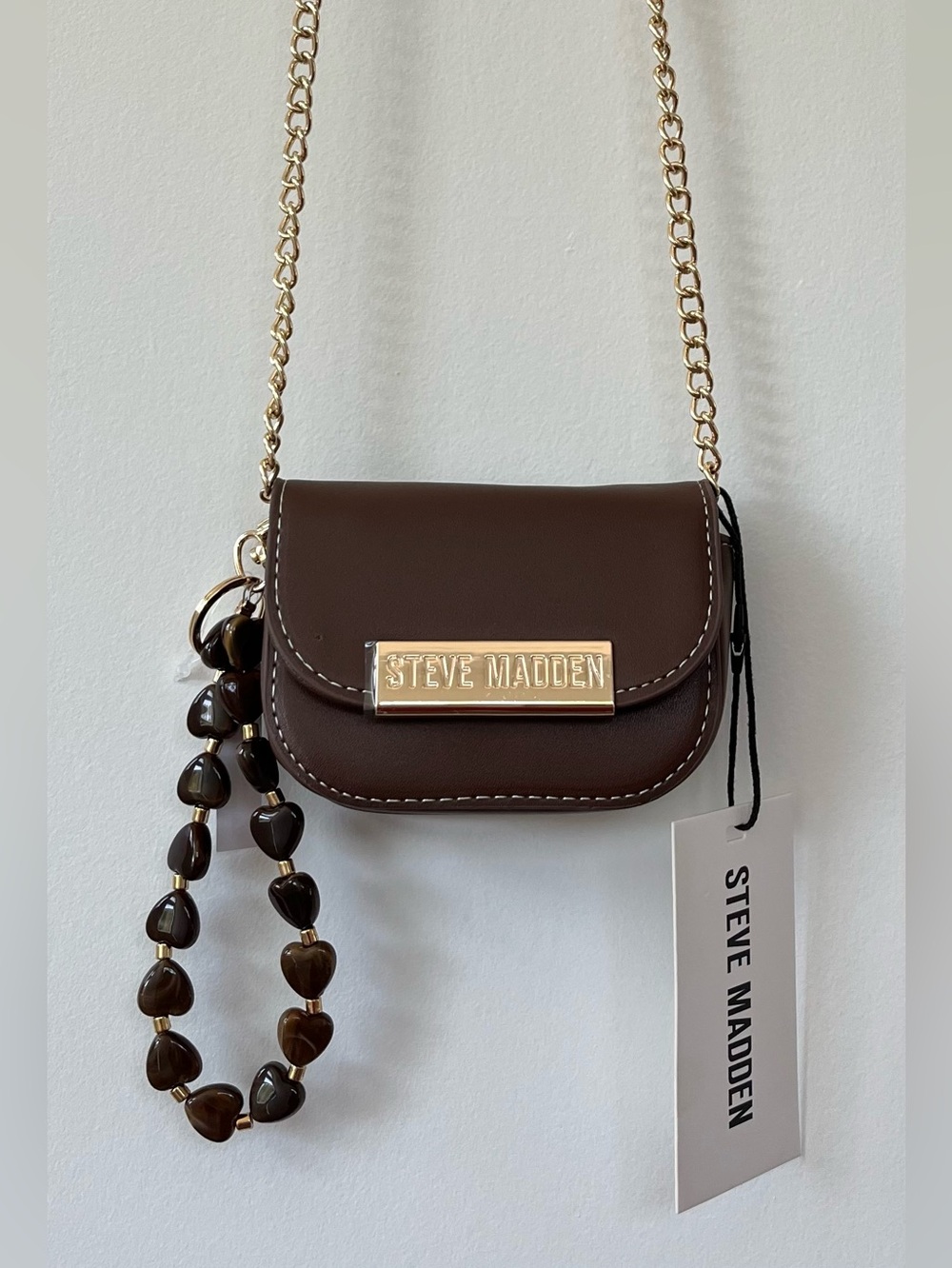 Steve Madden Brown Brilly Wallet Mini Crossbody Gold-Tone Chain Heart Bead Strap